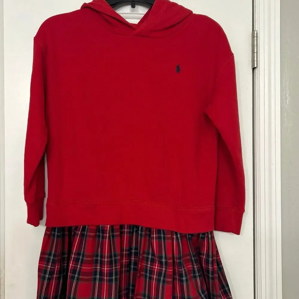 Polo Ralph Lauren Girls Red Hooded Dress Tartan Plaid Ruffle Hem Preppy M 8-10 - Picture 4 of 12